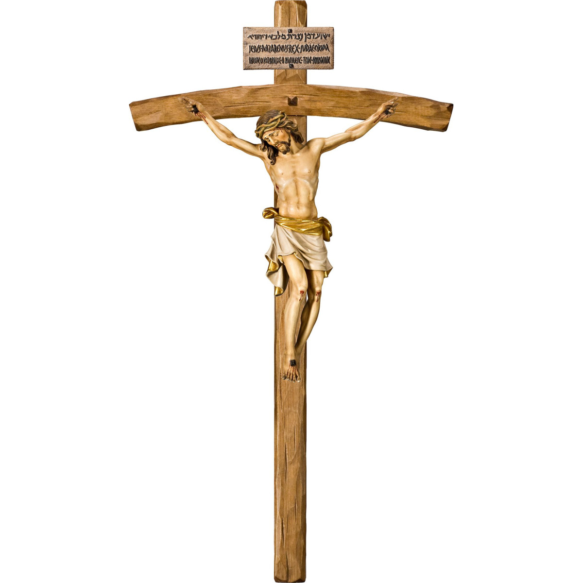 Cristo Pisa en cruz arqueada con Titulus Crucis en hebreo - latín - griego